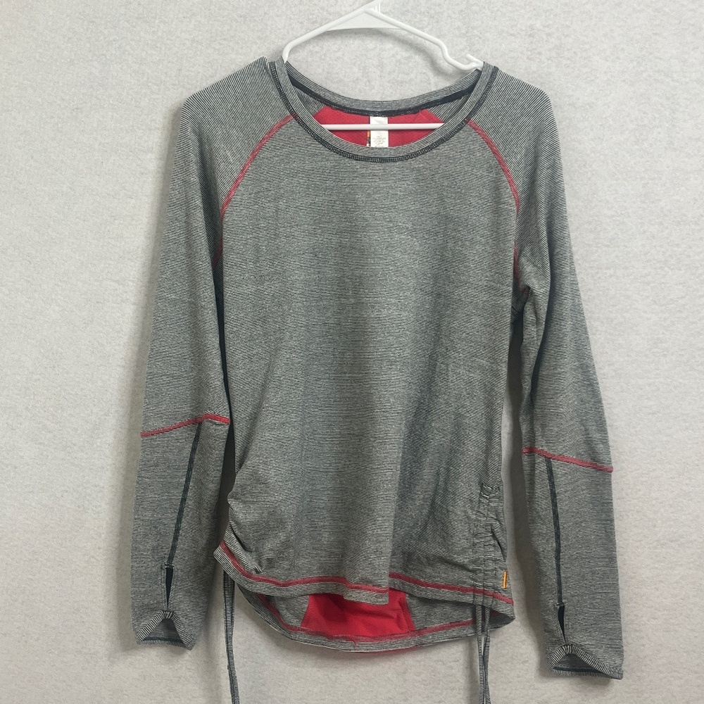 Lucy Tech Gray Striped Ruched Workout Top Large